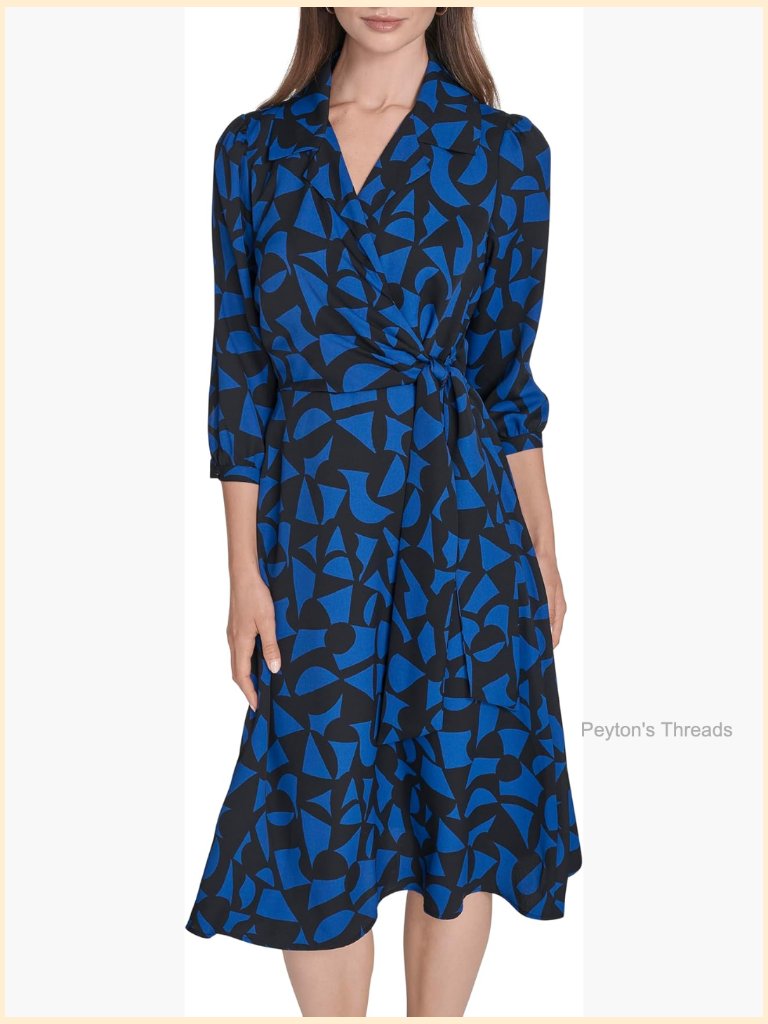Midi Wrap Dress With Bishop Sleeves V-Neck Collared